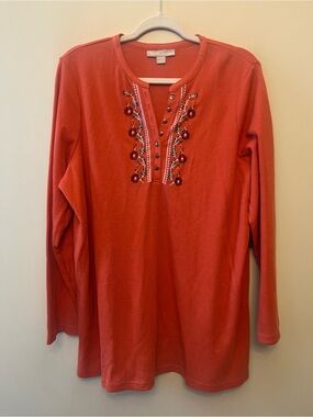 NWT Woman Within Waffle Knit Embroidered Henley Women's Size Large Fall